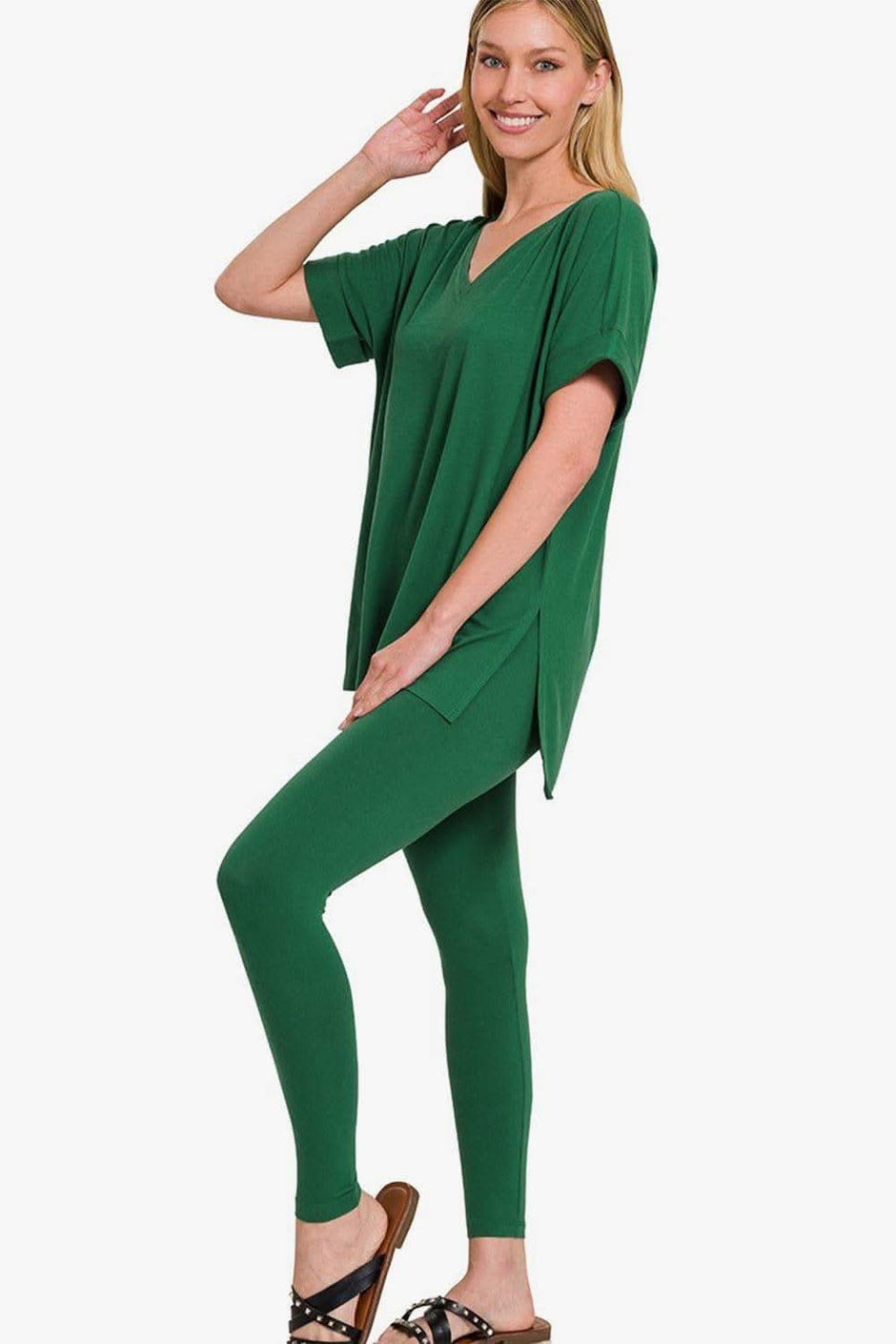 Zenana V-Neck Rolled Short Sleeve T-Shirt and Leggings Lounge Set - SwagglyLife Home & Fashion